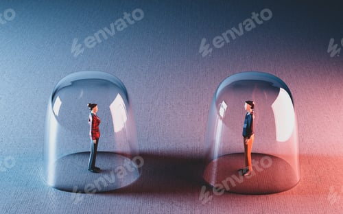 Preview: Man and woman meet from behind glassy bubbles. Social distancing
