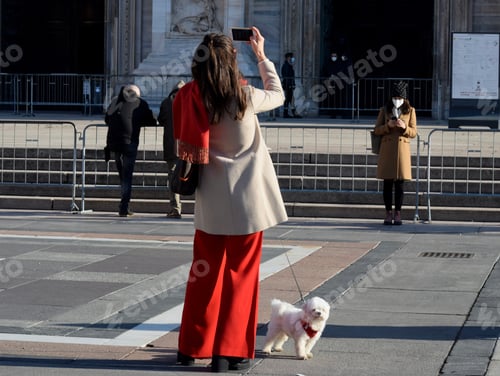 Preview: A woman with dog taking photos in the street