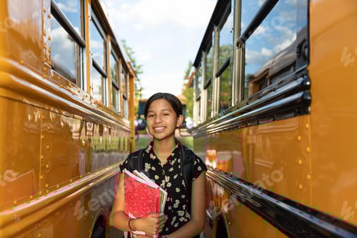 Visualização: Estudante parado entre ônibus escolares amarelos