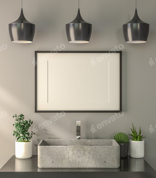 Preview: 3D Modern interior of bathroom with mockup poster frame