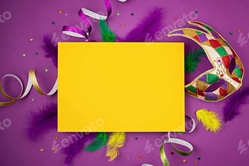 Preview: Festive, colorful mardi gras or carnivale mask and accessories. Party invitation, greeting card
