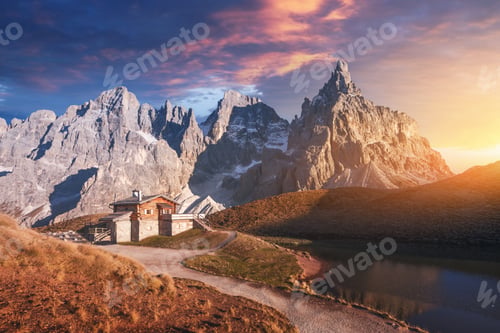 Preview: Incredible landscape with a reflection of purple sky and mountains in a water