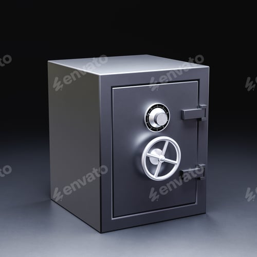Preview: metallic safe deposit box on dark background
