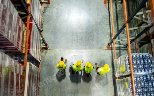 Preview: Warehouse workers checking delivery plans walking between the shelves