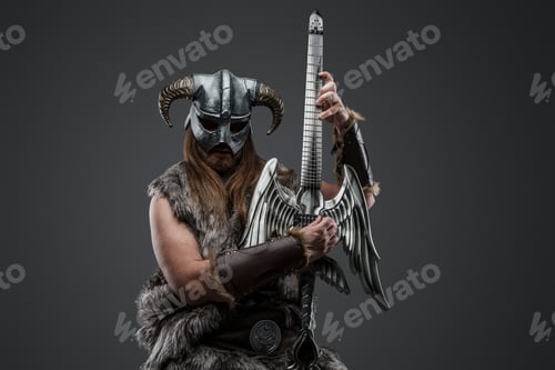Preview: Crazy nordic warrior with electric guitar against grey background