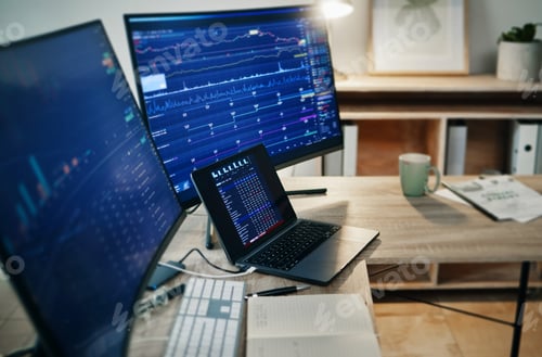 Preview: Computer screen, laptop and trading, workspace with finance dashboard, graph and chart information