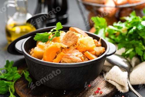 Preview: Meat stew with vegetables. Braised meat with cabbage, carrot and potato