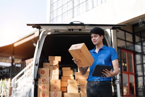 Preview: Asian courier with parcel and delivery logistic concept. Delivery man checking address order from