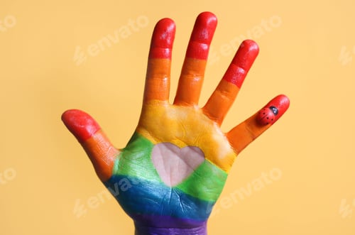 Preview: Painted hand with ladybug on yellow background and a heart shape