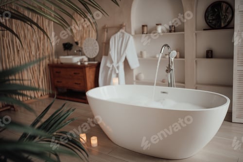 Preview: Luxury interior of big bathroom at modern african style with oval bathtub in natural lighting