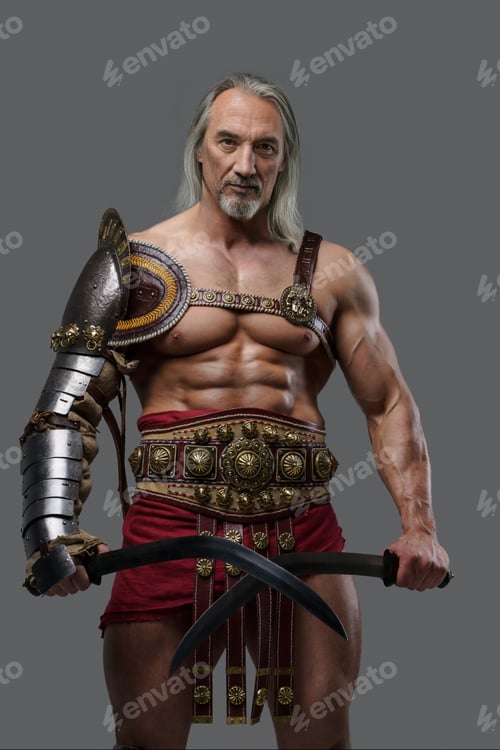 Preview: Aged but still mighty muscular gladiator with long grey hair and beard