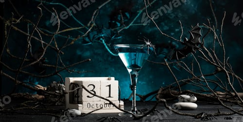 Preview: Halloween martini alcoholic cocktail on scary dark blue background with twisted branches