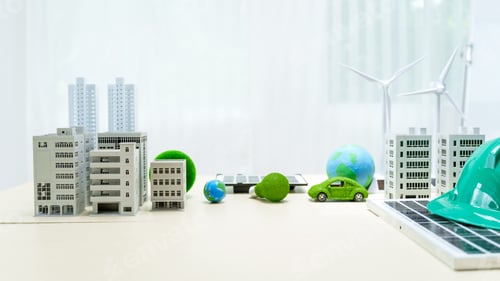 Preview: A white desk displays a model of an electric car, a green light bulb, and solar cells.