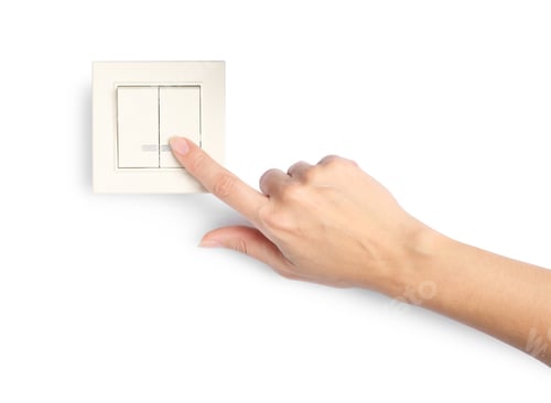 Preview: Woman pressing light switch on white background, closeup
