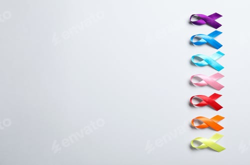 Preview: Different colorful ribbons on white background, flat lay with space for text. World Cancer Day