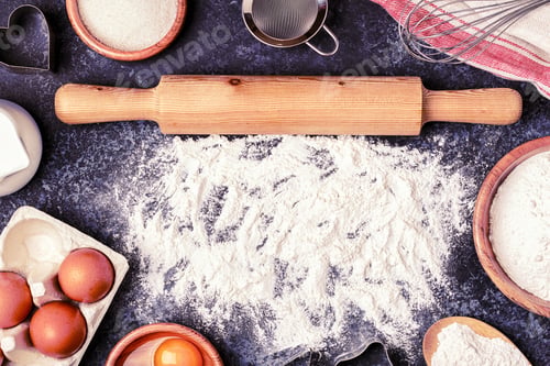 Preview: Ingredients for baking - flour, wooden spoon, rolling pin, eggs