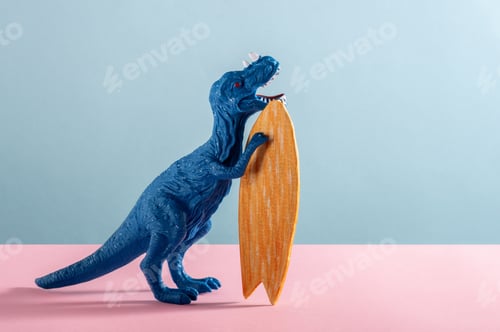 Preview: Happy blue dinosaur with wooden surfboard on blue and pink background.