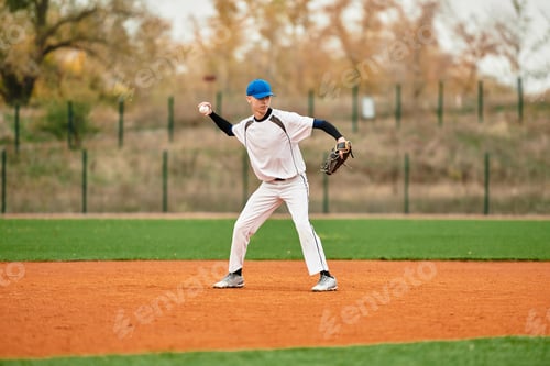 Preview: Talented teenage boy showcases skills playing baseball on a vibrant green field