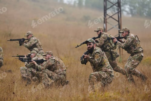 Preview: A disciplined and specialized military unit, donned in camouflage, strategically patrolling and