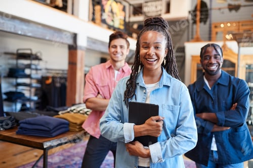 Preview: Portrait Of Smiling Multi-Cultural Sales Team In Fashion Store In Front Of Clothing Display