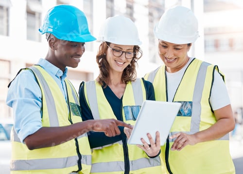 Preview: Construction, tablet and teamwork on a building project outdoor while planning and talking strategy