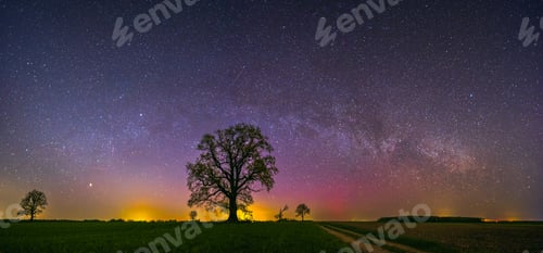 Preview: Landscape with Milky way galaxy. Night sky with stars