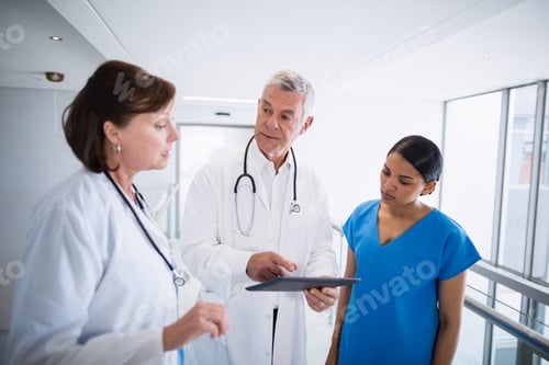 Preview: Nurse and doctors discussing over digital tablet