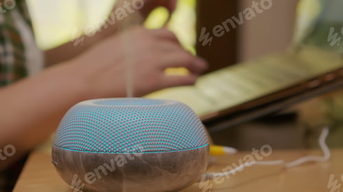 Preview: Close up shot of modern esential oils aromatherapy diffuser in the kitchen