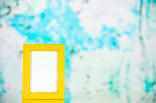 Preview: front view yellow picture frame on light blue background portrait photo color shoot present family