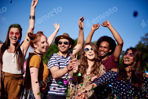 Preview: Happy friends dancing in confetti