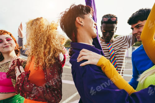 Preview: Multiethnic young people dancing outdoor at festival event - Focus on asian man ear