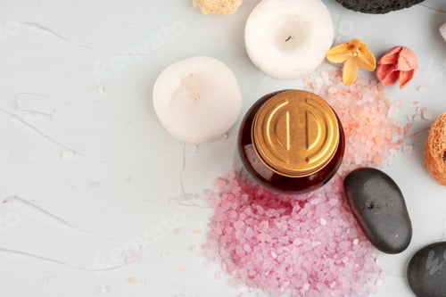 Preview: Beautiful composition with cosmetic bottles and spa decorations