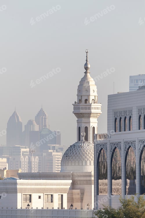 Preview: Foggy morning in Abu Dhabi, old and new buildings. Vertical frame.