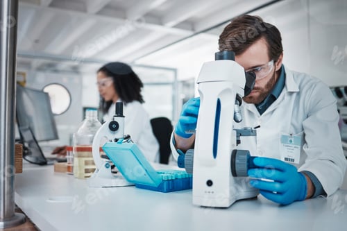 Preview: Man, doctor and forensic scientist with microscope for examination, experiment or test at laborator