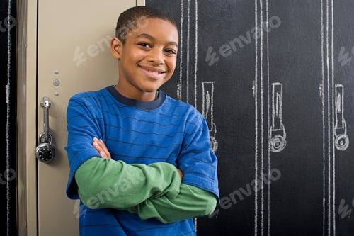 Preview: Confident young boy leaning against a school locker with a smile