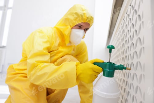 Preview: Pest control worker in protective suit spraying insecticide indoors, selective focus
