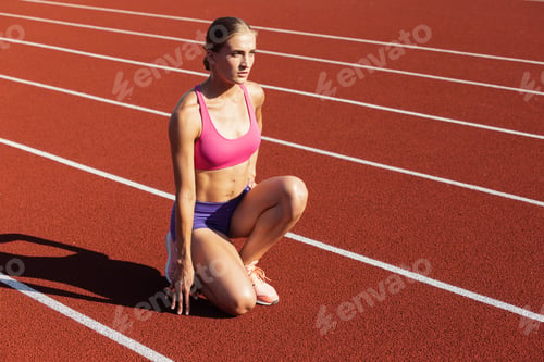 Preview: Young Caucasian woman, female athlete, runner workouting at public stadium, sport court or runner