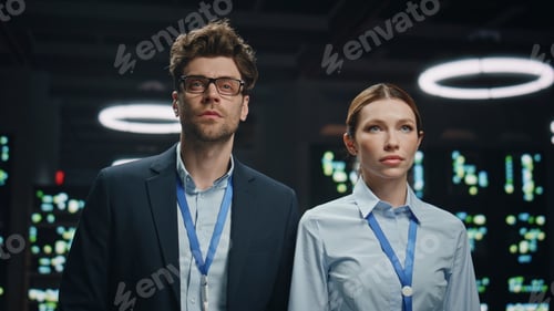 Preview: IT administrators couple working in network data storage server room closeup