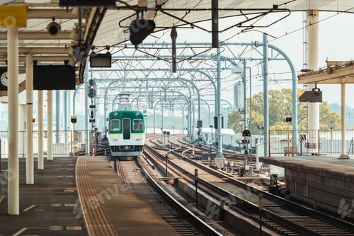 Preview: Electric railway train with metal structure and tracks arrival to station at Kyoto