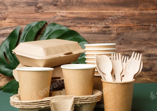 Preview: Eco friendly food ware,disposable cup ,food container, bamboo spoon fork on green table.sustainable