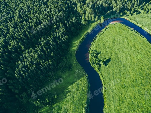 Preview: Aerial drone view of blue curve river and green tree forest. Beautiful summer landscape.