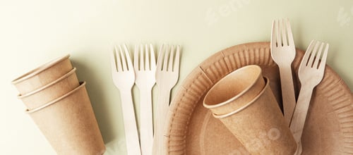 Preview: Top flatlay composition of biodegradable plates and cutlery on green background sustainable theme