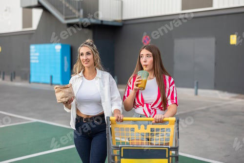 Preview: Customers leaving store with shopping cart and juice drink
