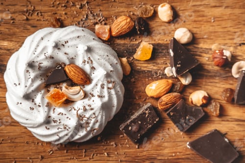 Preview: Pavlova dessert with chocolate, nuts and candied fruit on a wooden background