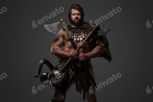 Preview: A fierce bearded Viking warrior in fur and light armor