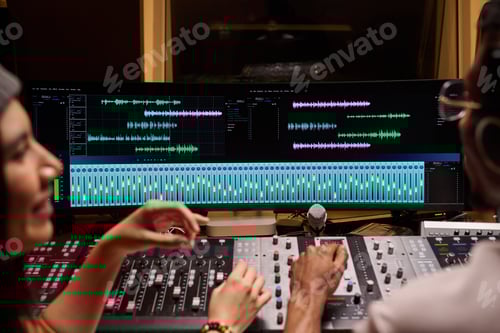 Preview: Young Adult Multiethnic Musicians Mixing Audio Tracks in Professional Studio