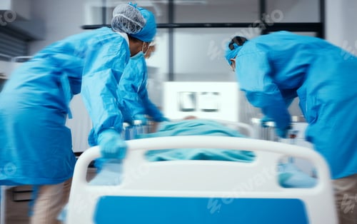 Preview: Emergency, operation and hospital with a doctor and team rushing to an operating theater with a pat