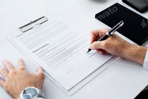 Preview: Closeup of hand signing paper workspace