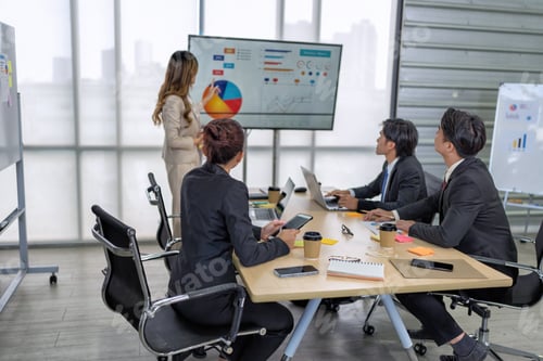 Preview: Employee meeting big screen tv presentation conference discussion brainstorming and working together