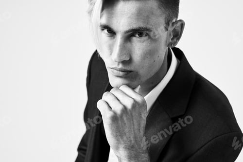 Preview: man in suit with trendy hairstyle self-confidence modern style